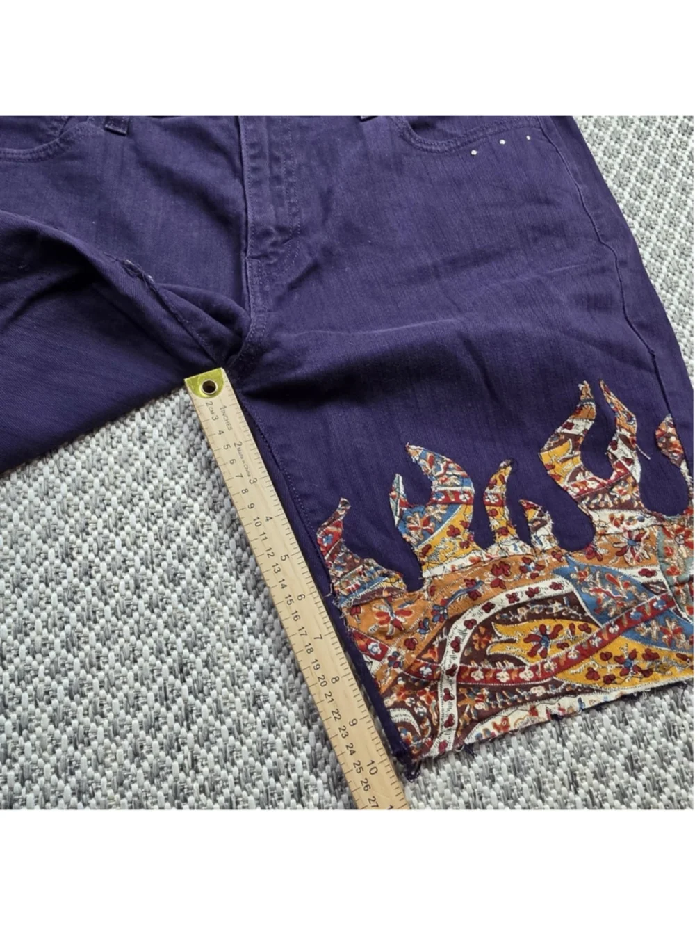 Levi’s 505 Purple Reworked Paisley Patchwork Cutoff Denim Shorts Y2K Size 32